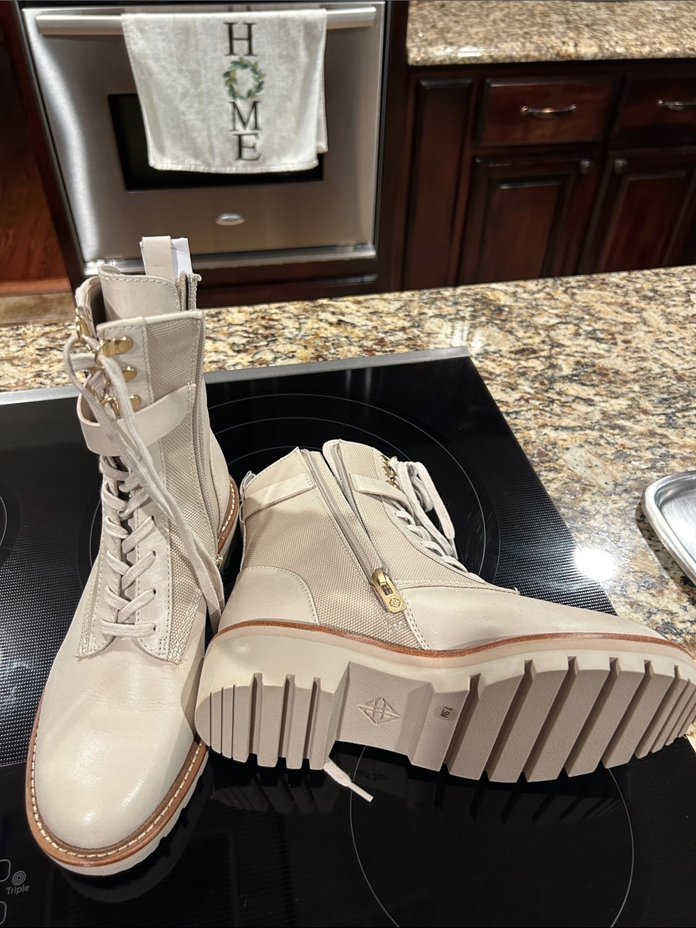 ANTONIO MELANI Cream Lace-Up Side-Zip Combat Boots